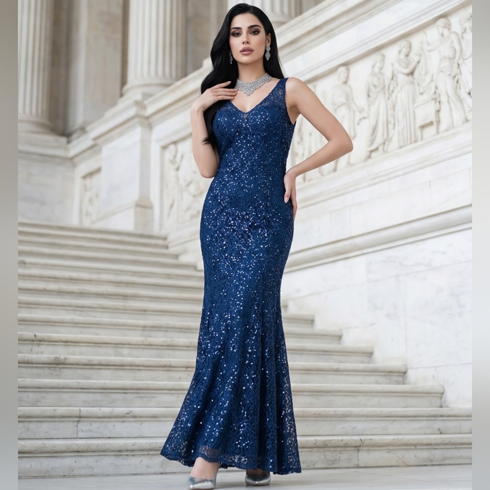 MARINA Navy Sequin Maxi Dress